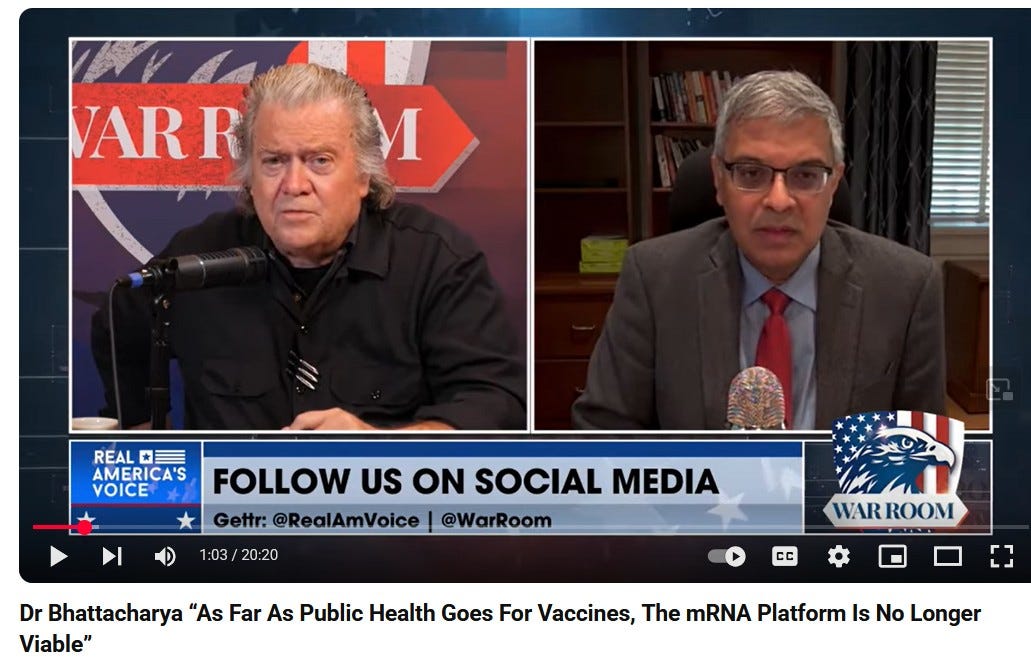 Image: NIH Director Jay Bhattacharya appears on a neo-Nazi show to spread lies: "for vaccines, the mRNA platform is no longer viable."