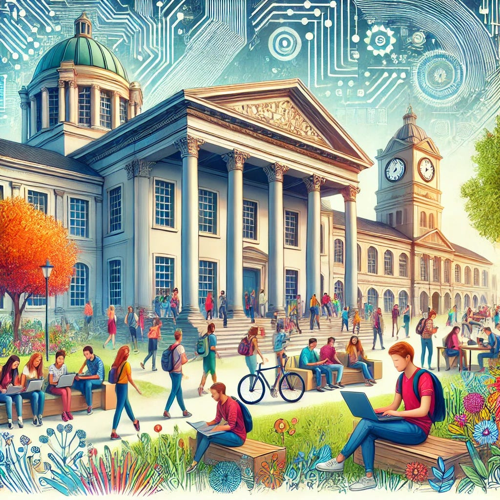 A vibrant and inspiring illustration of higher education, featuring a diverse group of students and professionals interacting in a modern, dynamic university campus. The scene includes a large, stately building with columns and a clock tower in the background, symbolizing tradition and excellence. In the foreground, students are seen engaging in various activities such as studying with laptops and books, discussing projects, and attending lectures. The atmosphere is one of collaboration, innovation, and growth, with elements like trees, pathways, and open spaces contributing to a welcoming and stimulating environment.
