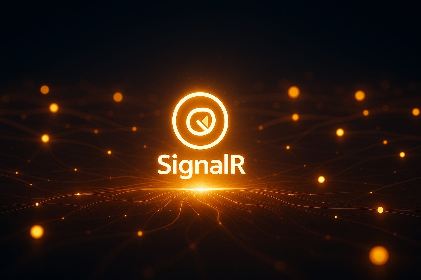 Wide-angle view of glowing SignalR hubs in a minimal, futuristic world with radiant data streams. Wide-angle view of glowing SignalR hubs in a minimal, futuristic world with radiant data streams.