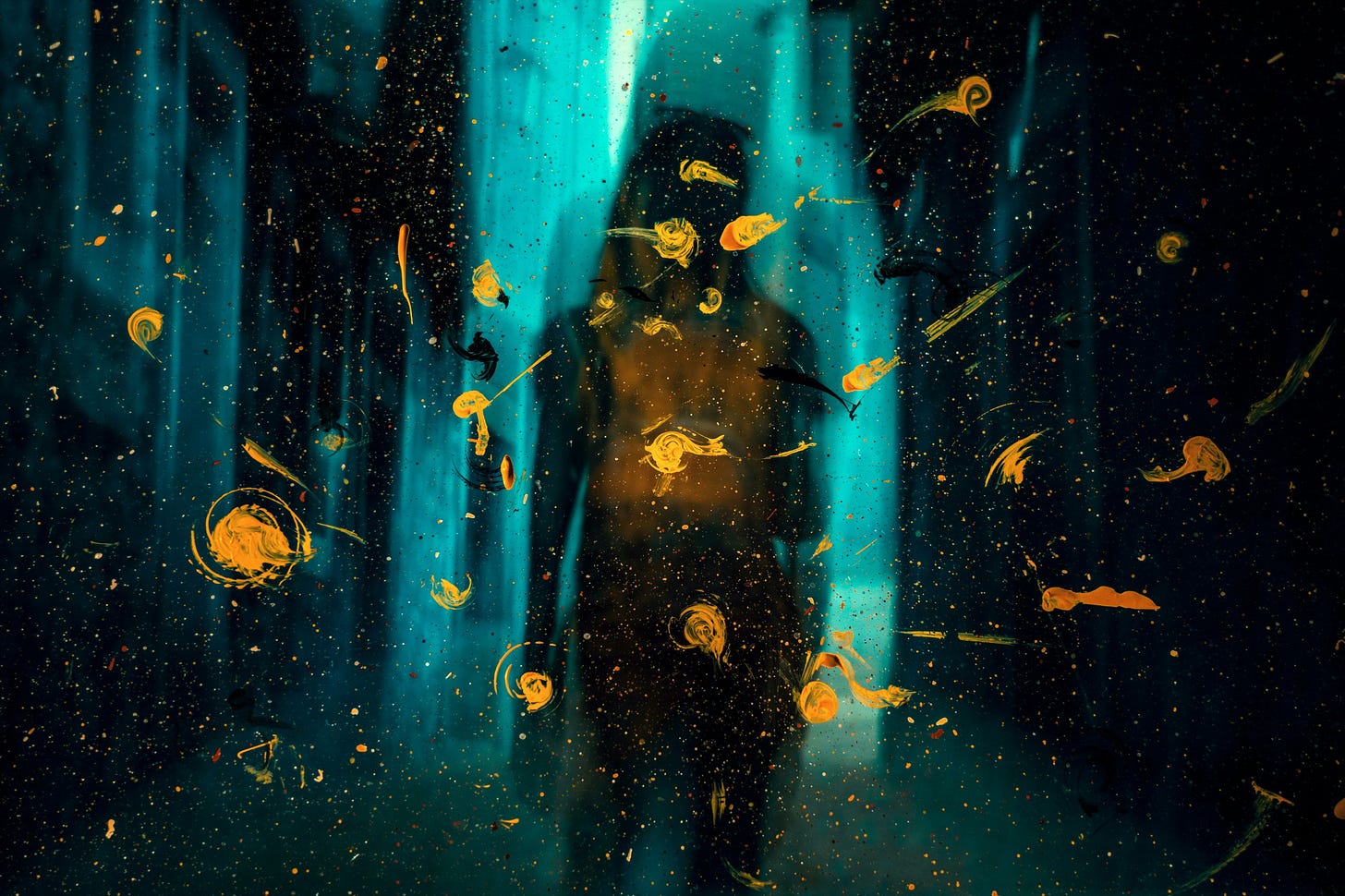 A distorted blue image of a person, further altered by dots and smears of yellow paint