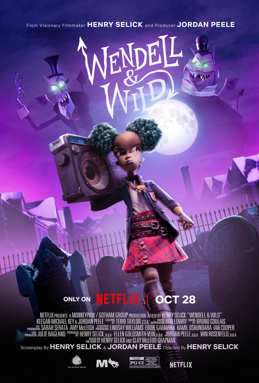A young girl made form clay holding a beatbox on her right shoulder, walking through a grave yard while two demons look down upon her from the light of a full moon