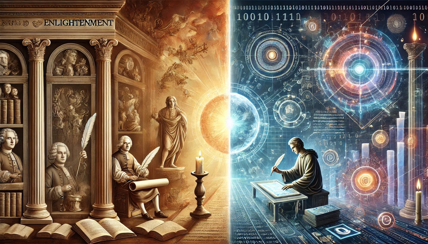 An image representing the journey of enlightenment from the Age of Reason to the Digital Age. On the left side, depict a scene from the Enlightenment era: a philosopher holding a quill and parchment, surrounded by symbols of knowledge like books and a candle, which symbolizes the light of reason. The scene should include classical elements such as ornate columns and a warm color palette with earthy tones. Gradually transition the scene towards the right, showing the modern digital age: a person engaging with a holographic interface, surrounded by symbols of technology like binary code, circuit boards, and a glowing digital globe. The color palette transitions to cool, futuristic hues. In the center of the image, blend the two eras with a soft light or a connecting beam, symbolizing the evolution and continuity of intellectual enlightenment.