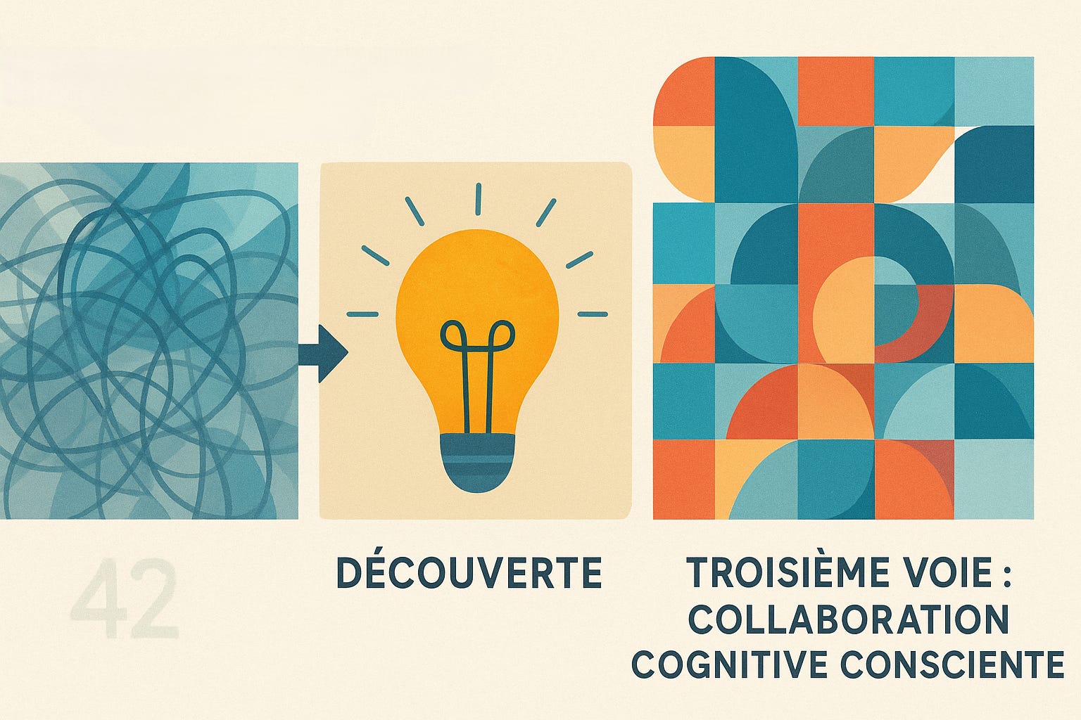 Illustration conceptuelle montrant parcours collaboration : chaos lignes enchevêtrées (collaboration inconsciente destructrice) vers révélation centrale lumineuse, aboutissant formes géométriques harmonieuses (collaboration cognitive consciente durable)