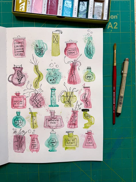 sketchbook pages with Botanical line drawing, witchy vase taxonomy drawings, and cute cottages lineart