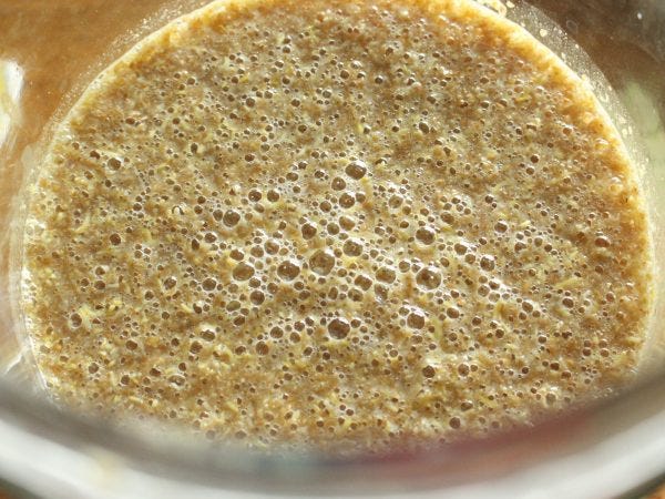 Grain porridge in jar with a bubbling top. Fermenting Boza