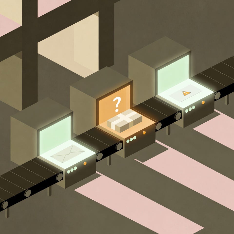 Editorial illustration in New Yorker style, conceptual, isometric perspective, muted earth tones, flat shading, geometric lighting, mid-century modern, minimalist, no text. Three side-by-side inspection stations on a conveyor belt. The first station glows soft green with a clean envelope passing through. The second glows amber with a package held in place, a question mark hovering above it. The third glows green but with a single faint amber warning dot on the envelope. Long dusty pink shadows. Architectural framing, faceless, no people.