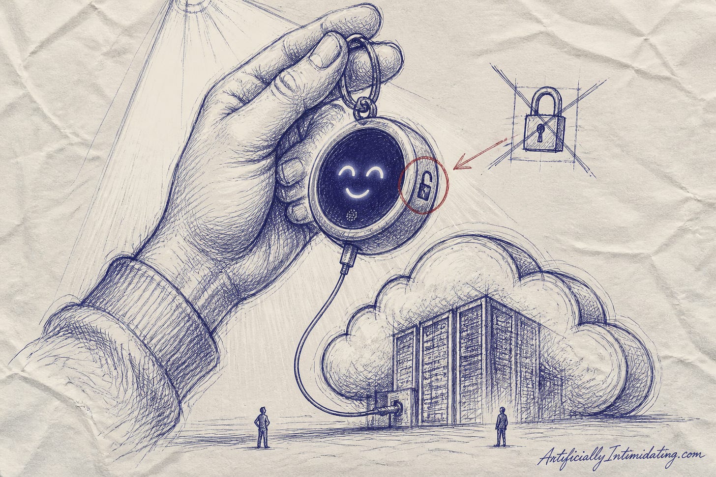 A hand-drawn illustration of a palm-sized AI keychain gadget held up in a giant hand, a wire trailing to a server cloud in the background, with a red circle around a tiny open padlock icon.