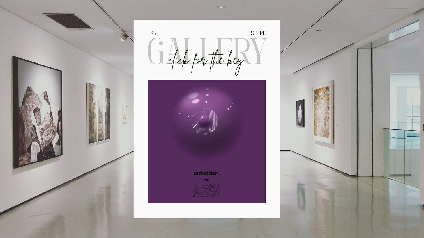 A promotional banner for The Subtext Review Gallery Store set against a bright museum hallway. A central white plaque features a deep purple fine art print centered with a glossy, shrink-wrapped sphere surrounding a central nipple-like shape. Above the print, dark cursive script reads "click for the key" over faint gray text reading "GALLERY" and black header text "TSR STORE". Below the artwork, text reads "unhidden." above a block of fine multilingual text.