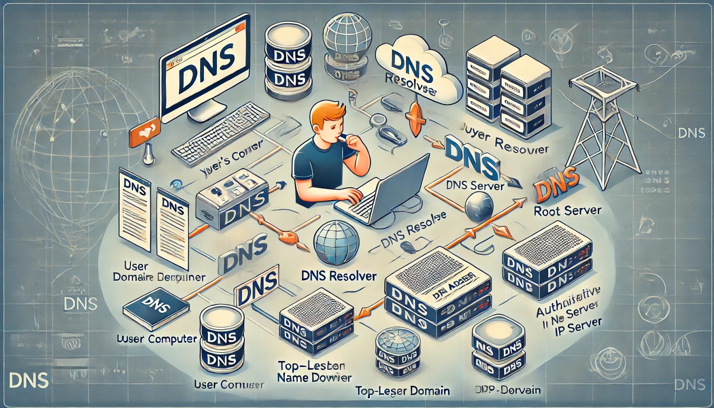 A detailed illustration explaining how DNS (Domain Name System) works. The diagram shows the process in stages, including a user typing a website URL in their browser, a DNS resolver contacting a DNS server, and the DNS server translating the domain name into an IP address. Show components like a user's computer, DNS resolver, root server, top-level domain (TLD) server, and authoritative name server, with labeled arrows guiding the sequence of steps from user request to IP address retrieval. Background elements should include network symbols and a clean, professional design for educational use.