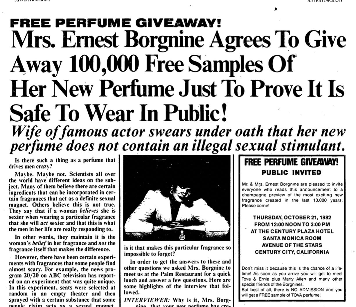 Vintage newspaper advertisement from 1982 for TOVA perfume. The headline reads "Mrs. Ernest Borgnine Agrees To Give Away 100,000 Free Samples Of Her New Perfume Just To Prove It Is Safe To Wear In Public!" The ad features bold typography, an image of a woman, and text describing a free perfume giveaway event at the Century Plaza Hotel in Century City, California. The ad uses controversial marketing tactics implying the perfume might have unusual effects.