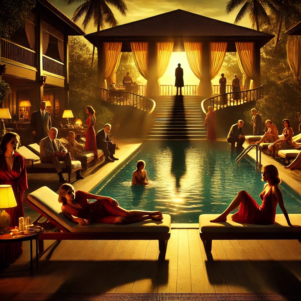 A suspenseful and dramatic scene inspired by 'The White Lotus' Season 3, set in a luxurious tropical resort. A group of wealthy guests lounges by an infinity pool, their faces filled with suspicion and intrigue. In the background, a shadowy figure lurks near a grand staircase, hinting at an impending mystery. The atmosphere is tense, with golden sunset lighting casting long shadows. A sense of luxury and danger coexists, foreshadowing an unexpected twist. A suspenseful and dramatic scene inspired by 'The White Lotus' Season 3, set in a luxurious tropical resort. A group of wealthy guests lounges by an infinity pool, their faces filled with suspicion and intrigue. In the background, a shadowy figure lurks near a grand staircase, hinting at an impending mystery. The atmosphere is tense, with golden sunset lighting casting long shadows. A sense of luxury and danger coexists, foreshadowing an unexpected twist.