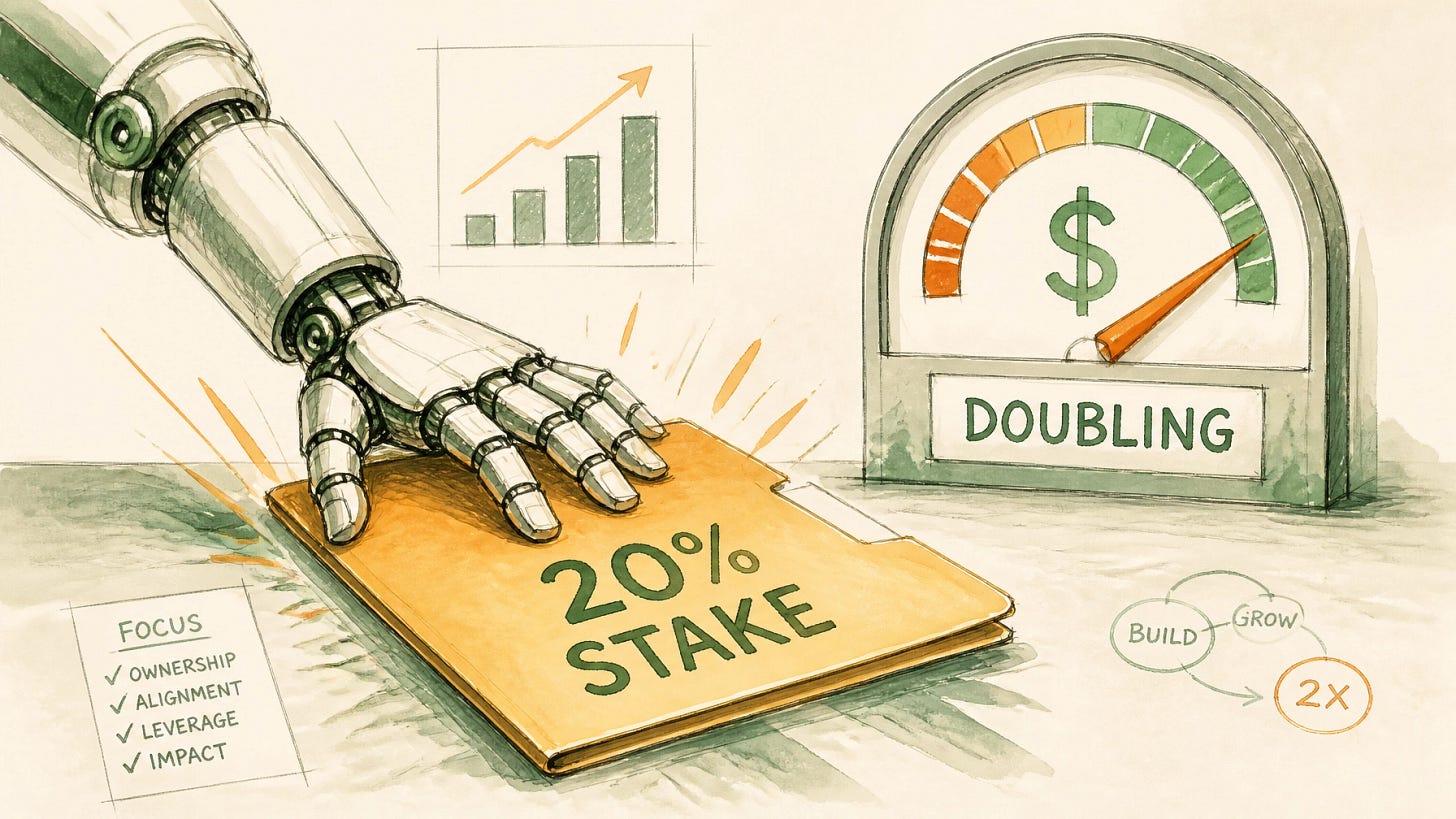 A robotic hand slamming a folder labeled '20% Stake' onto a table beside a dollar-sign meter set to 'Doubling'.