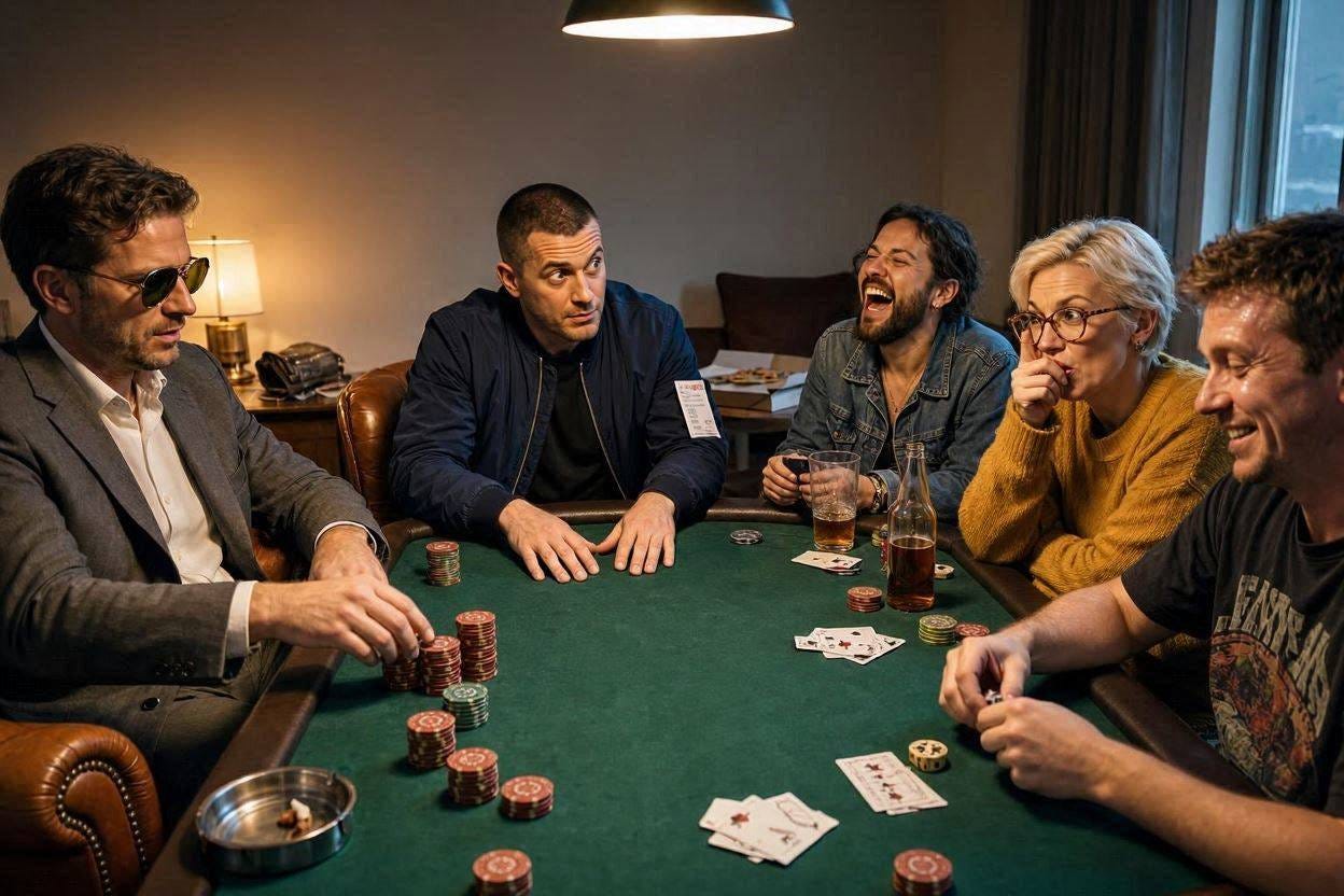 a humorous take on a cuthtorat game of friends playing poker a humorous take on a cuthtorat game of friends playing poker