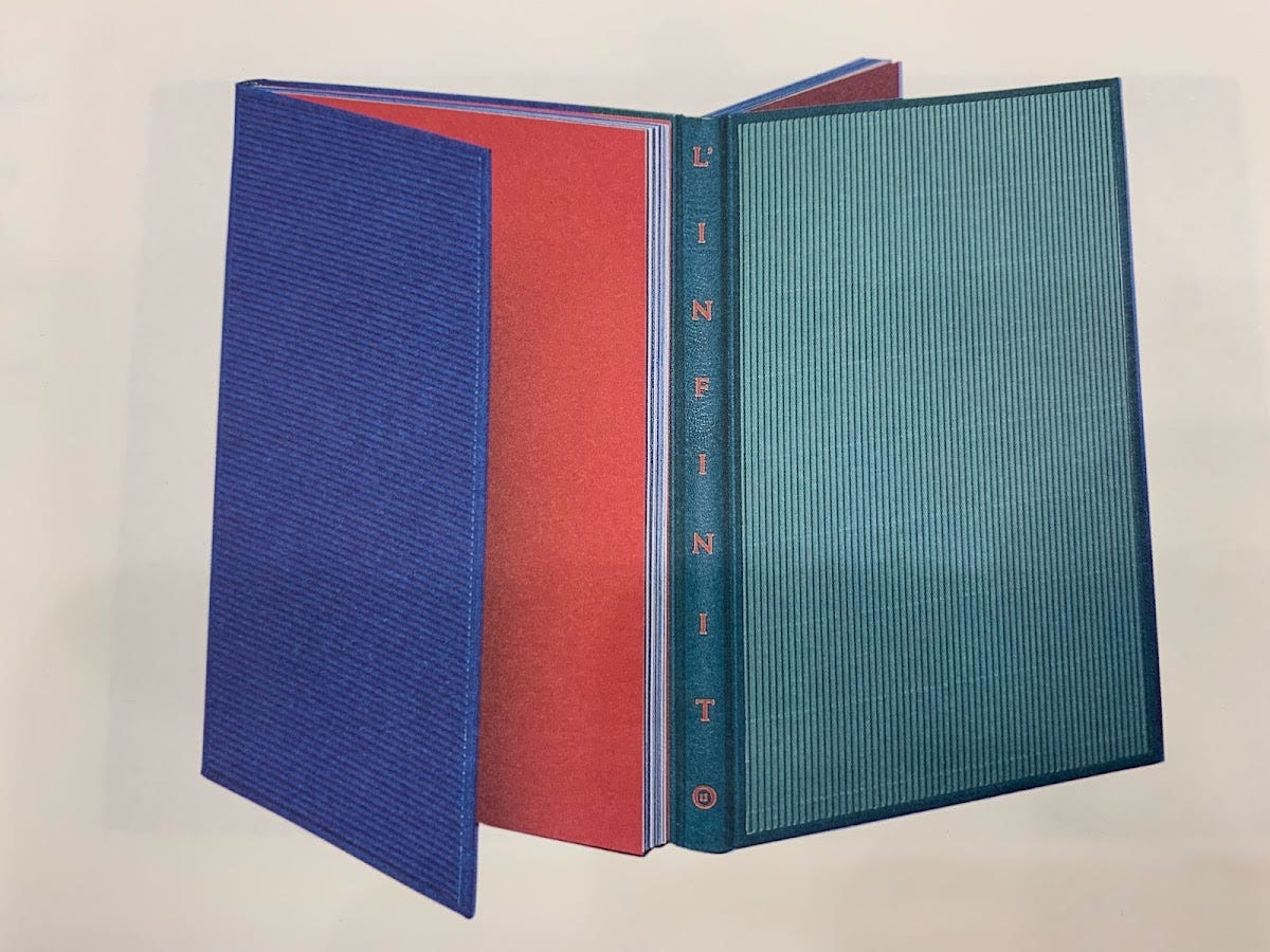 dos-a-dos binding in blue and green cloth with red endpapers peeking through the boards dos-a-dos binding in blue and green cloth with red endpapers peeking through the boards