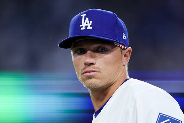 Alex Call of the Los Angeles Dodgers stands before a baseball game against the Cleveland Guardians at Dodger Stadium on March 31, 2026 in Los...