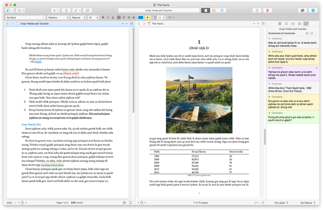 Two documents side by side in Scrivener, with comments and footnotes open in the inspector Two documents side by side in Scrivener, with comments and footnotes open in the inspector