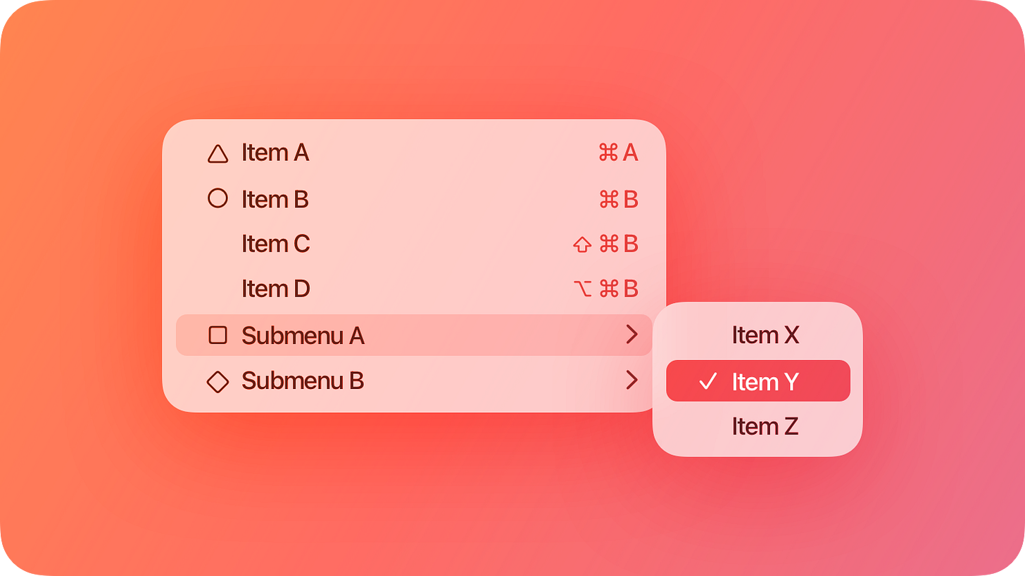 A stylized representation of a menu containing a selected item and displaying a submenu. The image is tinted red to subtly reflect the red in the original six-color Apple logo. A stylized representation of a menu containing a selected item and displaying a submenu. The image is tinted red to subtly reflect the red in the original six-color Apple logo.
