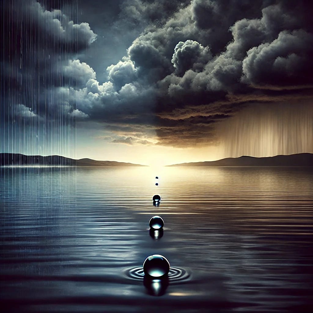 A powerful image of a calm moment with a few raindrops gently falling on a serene landscape, symbolizing minor problems. In the distance, dark storm clouds are beginning to form, hinting at a looming, intense storm. The contrast between the peaceful raindrops and the approaching storm represents how small issues are insignificant compared to the larger challenges that are inevitable in life. The mood is dramatic, showing the balance between calmness and the anticipation of greater trials.