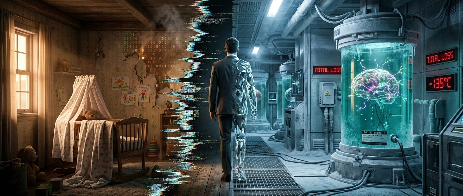 A cinematic split-screen showing "The Altman Protocol". A sunlit nursery on the left gives way to a sub-zero cryogenic vault at $-135^\circ\text{C}$ on the right. A central figure in a suit transitions into crystalline shards, abandoning a cradle for a glowing brain-fixation tank labeled "TOTAL LOSS". A cinematic split-screen showing "The Altman Protocol". A sunlit nursery on the left gives way to a sub-zero cryogenic vault at $-135^\circ\text{C}$ on the right. A central figure in a suit transitions into crystalline shards, abandoning a cradle for a glowing brain-fixation tank labeled "TOTAL LOSS".