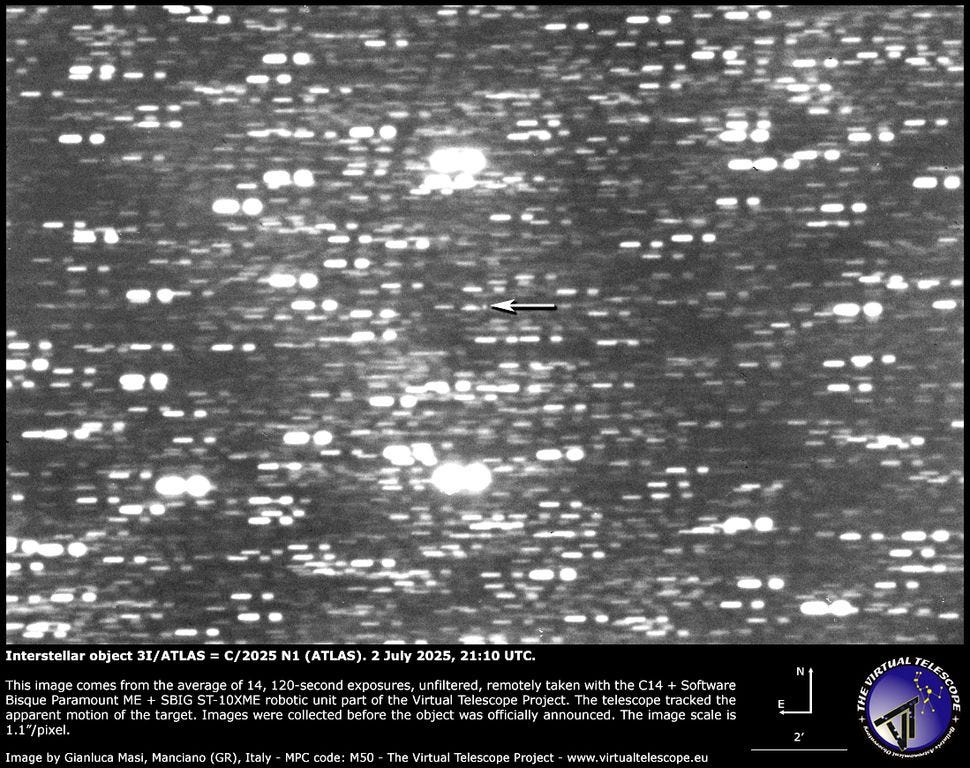 A black and white star field with a white arrow pointing to 31/ATLAS (C/2025 N1), the third interstellar object, at the center. Image details and credits are visible at the bottom. A black and white star field with a white arrow pointing to 31/ATLAS (C/2025 N1), the third interstellar object, at the center. Image details and credits are visible at the bottom.
