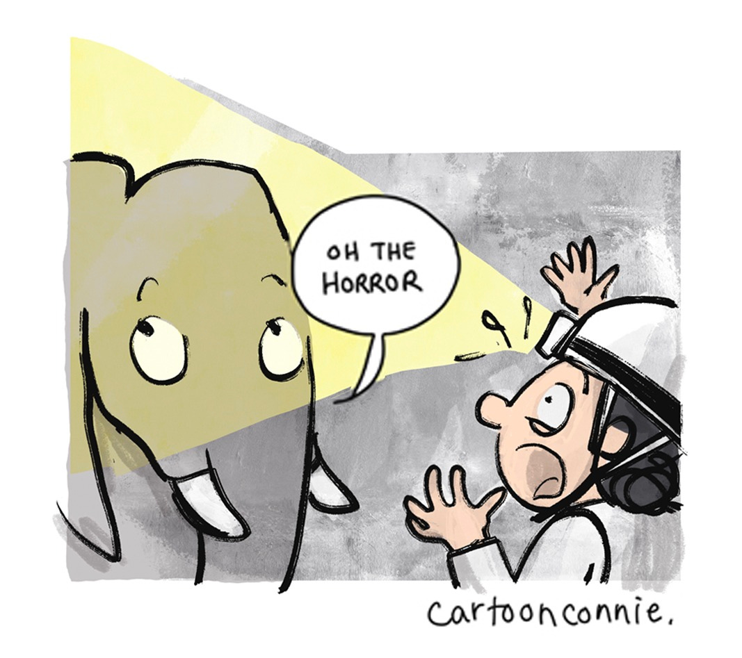 Panel 5 of a 6-panel comic strip about an introvert looking for hope in dark times. Titled "All In An Introvert Day's Work," 2026. Original art by Connie Sun, cartoonconnie.