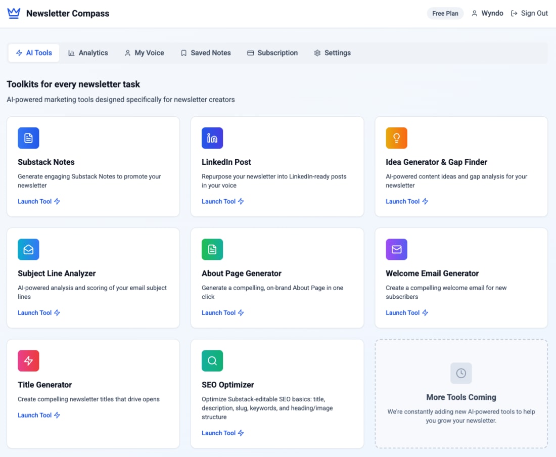 Newsletter Compass dashboard showing AI tools for newsletter creators, including subject lines, SEO, and repurposing