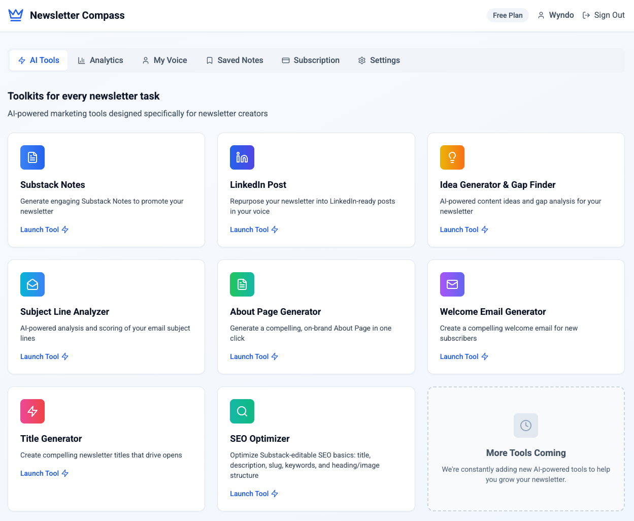 Newsletter Compass dashboard showing AI tools for newsletter creators, including subject lines, SEO, and repurposing