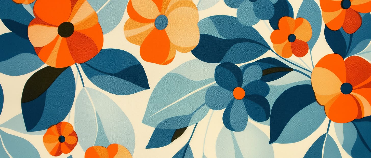 An abstract floral pattern featuring large and small flowers in vibrant shades of orange, yellow, and blue. The flowers have gradient petals and contrasting dark centers. The design includes overlapping leaves in various shades of blue against a soft, off-white background. The pattern is balanced and dynamic, with smooth transitions between colors, creating a harmonious and visually appealing composition.