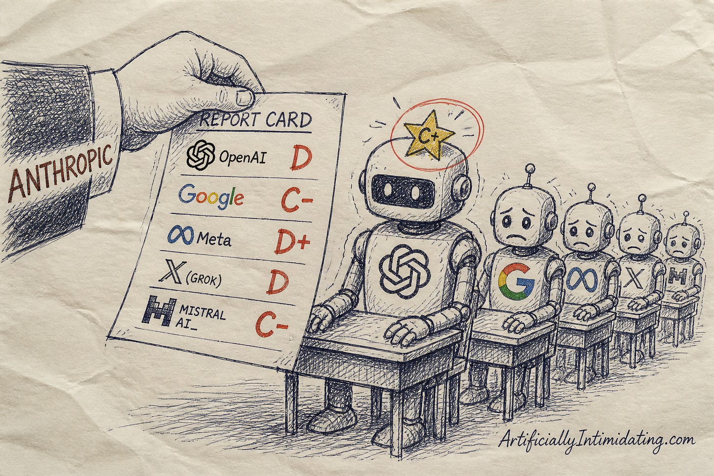 Editorial cartoon: a teacher hands back a report card full of red C and D grades to a row of nervous AI-lab robots, top robot wears a C+ gold star