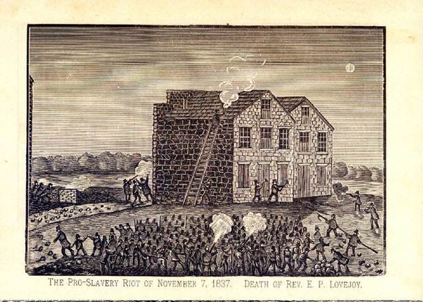Mob destroying the Elijah Lovejoy's abolitionist printing press in Alton, Illinois, 1837. Mob destroying the Elijah Lovejoy's abolitionist printing press in Alton, Illinois, 1837.