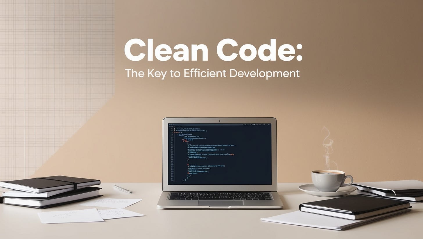 A minimalist desk with a sleek, silver laptop open to a coding interface, showcasing a neatly organized and readable code snippet in a light blue font on a dark background, surrounded by neatly arranged notebooks, a cup of steaming hot coffee, and a few scattered papers with scribbled notes, all set against a warm, beige-colored wall with a subtle wooden texture, evoking a sense of focused productivity and attention to detail, with a bold, modern sans-serif font headline "Clean Code: The Key to Efficient Development" in white, placed centrally above the laptop, and a subtle grid of thin, gray lines forming a background pattern.
