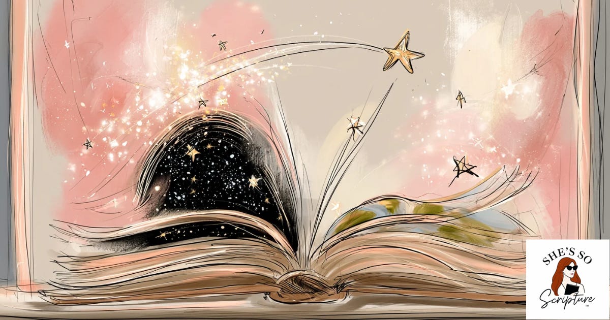Illustrated open book on a windowsill, one page showing a starry sky and the other showing earth, in warm blush pink and cream watercolor tones