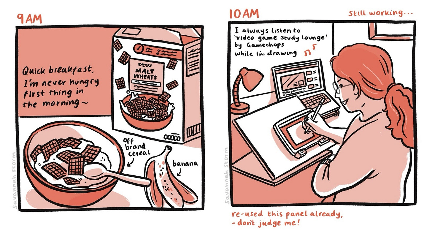 Illustrated comic panel from Hourly Comics Day 2024, at 9am I was eating breakfast of some off-brand cereal and a banana, and at 10am I was back at work at my desk.