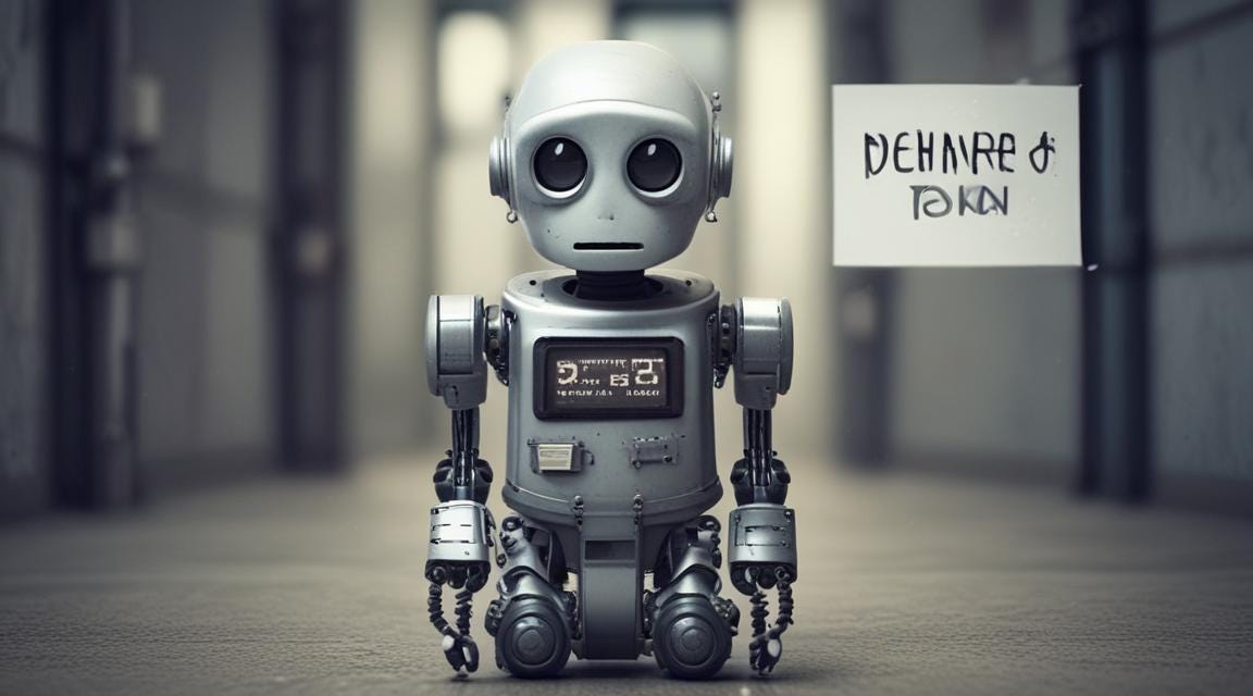 AI Generated image of a sad robot, nonsense text on the screen