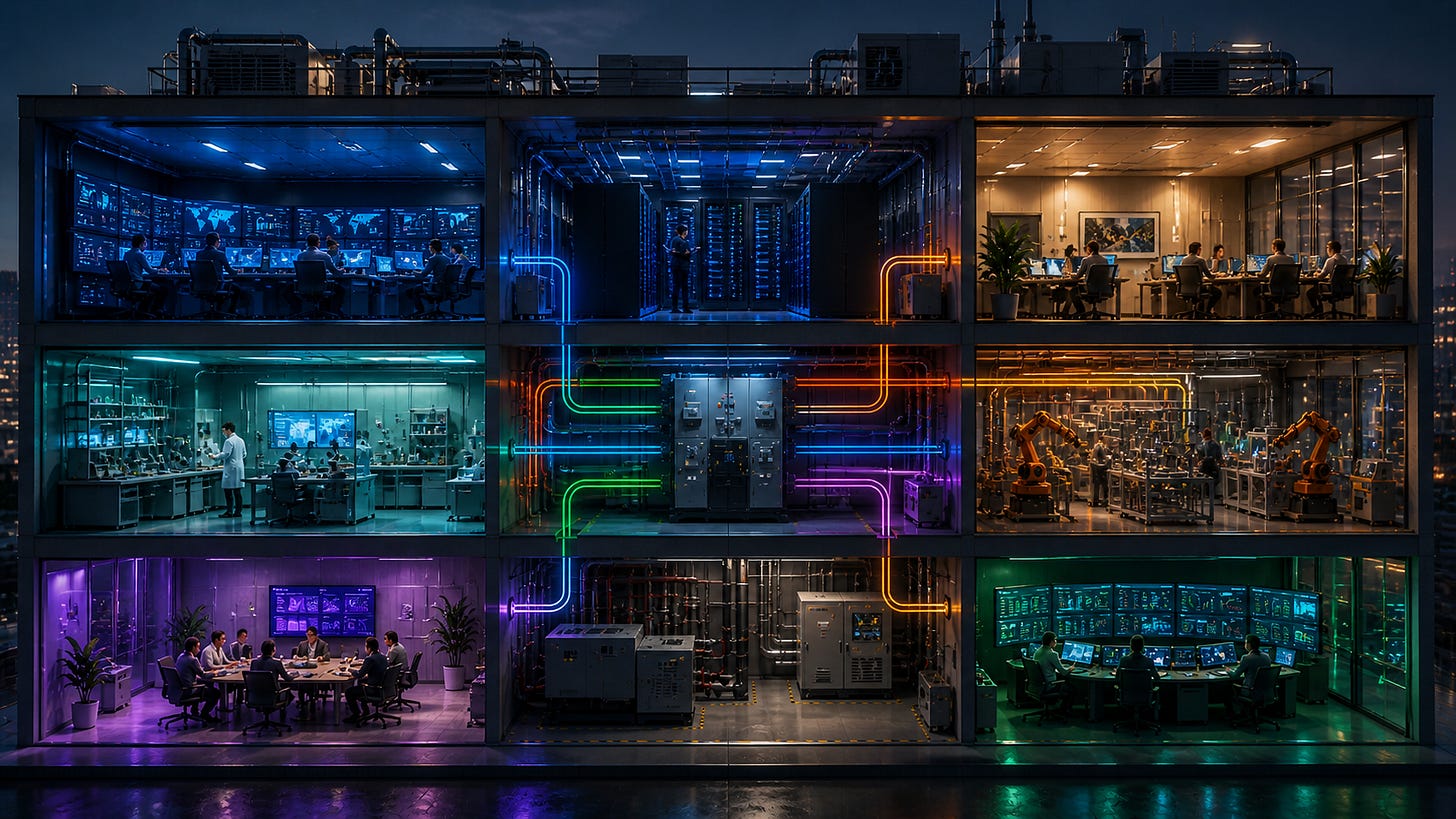 Photorealistic cutaway building showing modular systems with interconnected sections and neon data flows. Photorealistic cutaway building showing modular systems with interconnected sections and neon data flows.