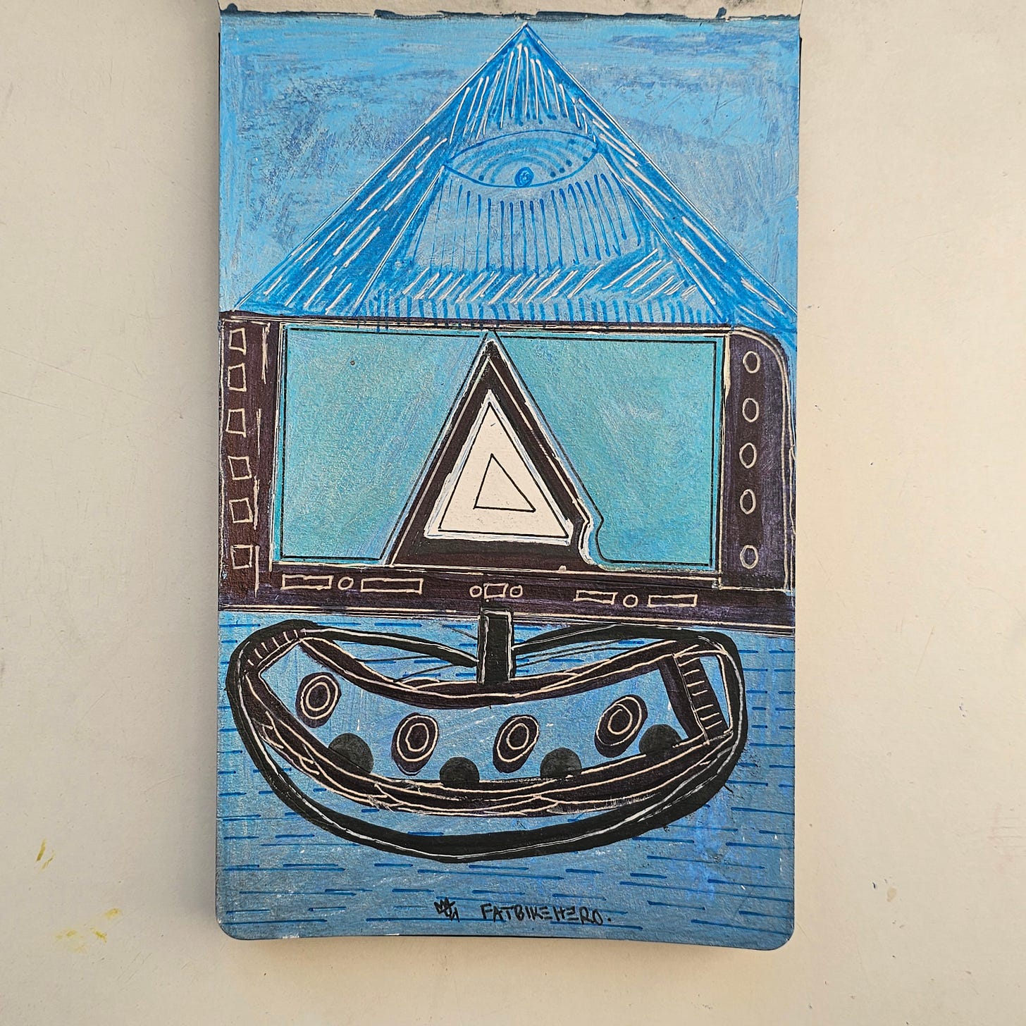 Description for Indexing: Virtual A.I Reality is an original mixed-media artwork by FatbikeHero (b. 1983), created on January 1, 2026. The piece features a striking blue color palette and depicts a surreal hierarchy involving the All-Seeing Eye, a digital screen, and a vessel, critiquing artificial intelligence and perception. The work includes a handwritten manifesto on the verso and is attributed to the artist via fatbikehero.com.