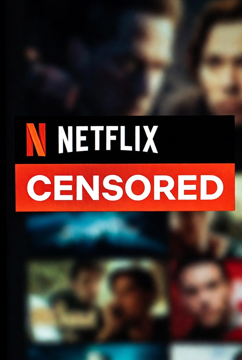 A Netflix interface with a censored warning on a blurred, dark background.