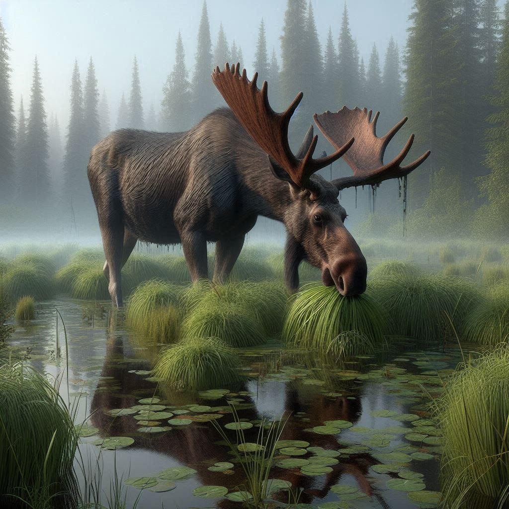 moose munching marsh grass photorealistic