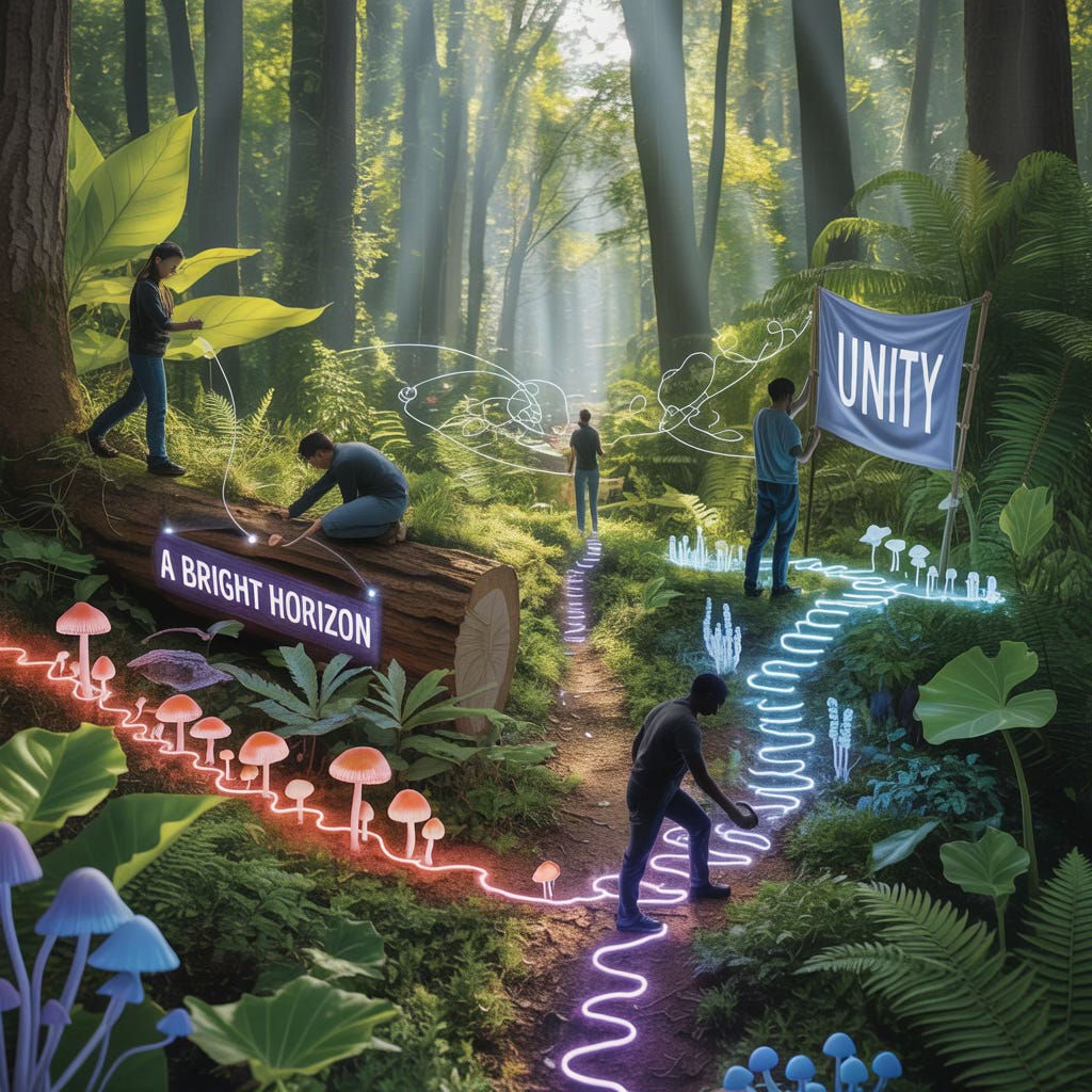 A lush, vibrant forest ecosystem teeming with diverse species: colorful pollinators like bees and butterflies, strong trees with deep roots, fungi and decomposers enriching the soil, and flowing water connecting the scene — overlay of human silhouettes representing activists in varied roles: a visionary painting a bright horizon, an organizer building bridges between people, an advocate navigating institutional halls, and a disruptor raising a bold banner — these figures organically integrated into the landscape like parts of a thriving ecosystem — subtle glowing lines weave between species and activists, symbolizing interconnectedness and synergy — harmonious, hopeful, richly detailed, blending realism with symbolic storytelling, soft natural light filtering through leaves"