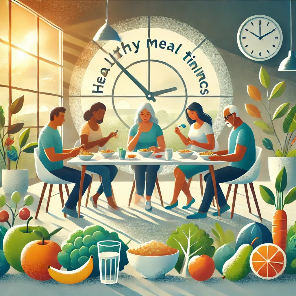 An informative and engaging illustration representing healthy meal timing for diabetes prevention. The image should depict a diverse group of adults (including Hispanic/Latino) enjoying a late morning meal in a bright, inviting setting, symbolizing health and wellness. Include elements that suggest a balanced diet, such as fresh fruits, vegetables, whole grains, and water, arranged on the table. The background should subtly hint at a morning time with soft daylight, creating a positive and uplifting atmosphere that reflects the importance of aligning meal timing with natural glucose tolerance rhythms.