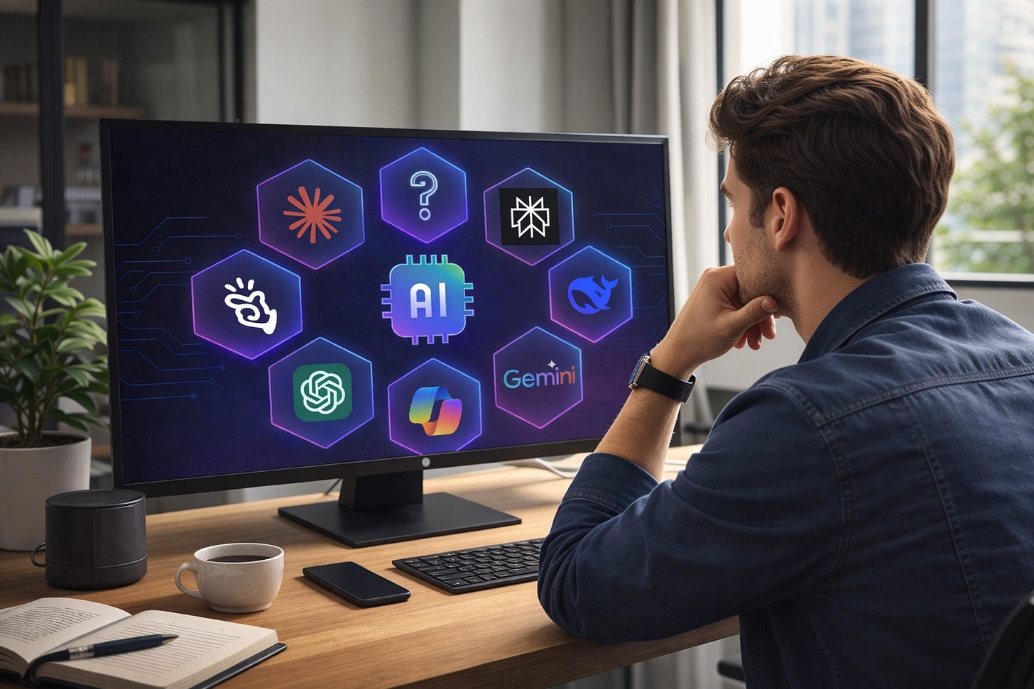 Utilizator la birou analizând mai multe platforme AI pe monitor, într-o imagine despre alegerea platformei AI potrivite.
