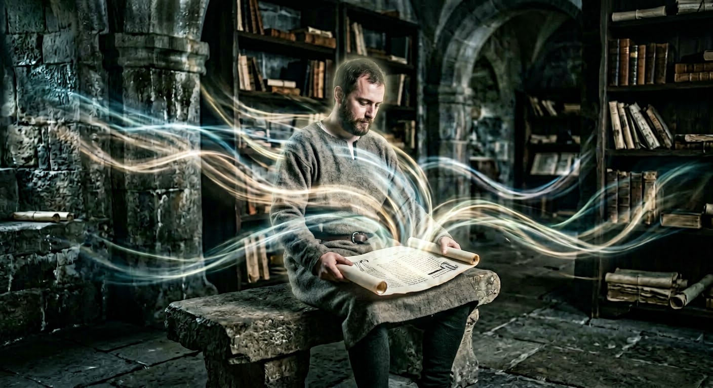 A conceptual image of a medieval man in a dim library. His outline is soft as faint streams of light pass through the stone walls and his body, gathering on a vellum scroll in his lap. Muted colors with a soft, spiritual glow.