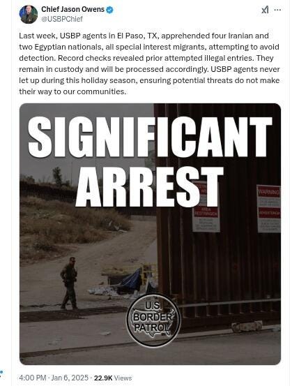US Border Patrol post on x.com about arrest of migrants on terror watch list in El Paso, Texas US Border Patrol post on x.com about arrest of migrants on terror watch list in El Paso, Texas