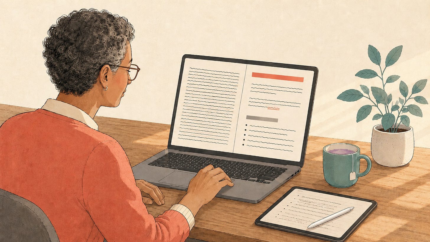 Over-the-shoulder view of a creator with short curly salt-and-pepper hair and glasses, wearing a coral sweater, working at a laptop on a wooden desk. The laptop screen shows two side-by-side versions of the same document: on the left, a dense block of evenly packed lines of text; on the right, the same content broken up with a coral heading, open spacing, a gray subheading, and a short bulleted list.