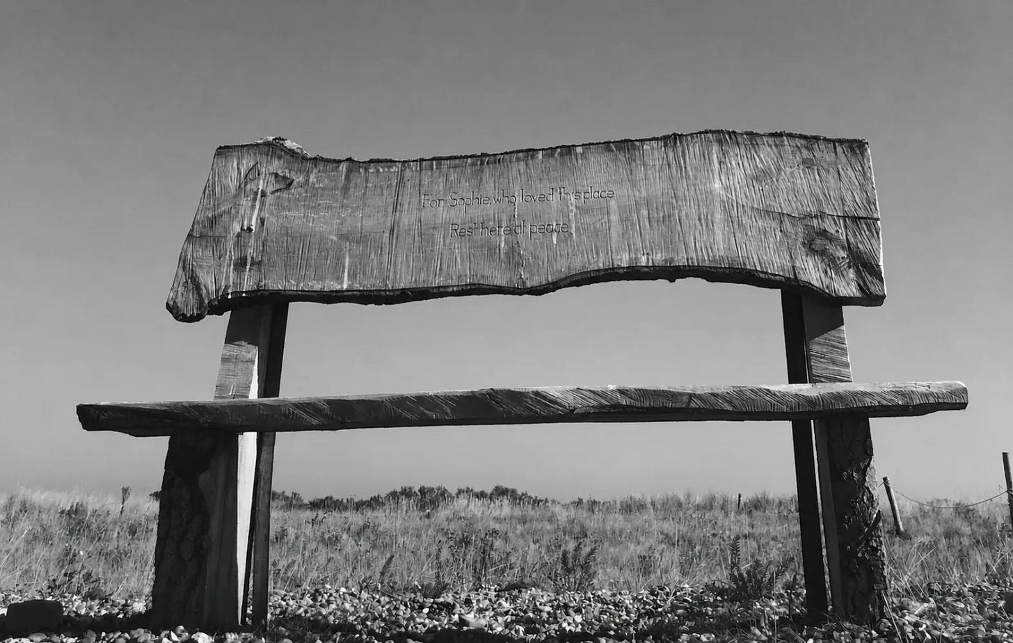 Sophie's memorial bench on the pebble beach Sophie's memorial bench on the pebble beach