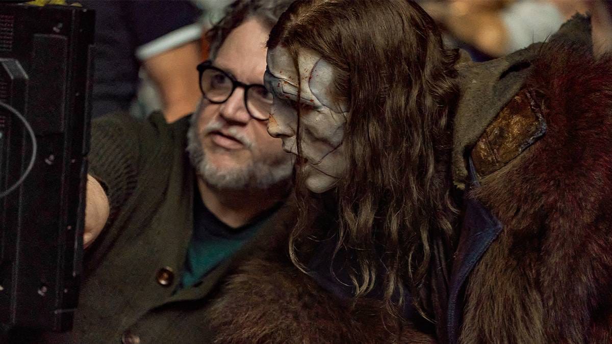 Director Guillermo del Toro and actor Jacob Elordi as the creature on set of Frankenstein Director Guillermo del Toro and actor Jacob Elordi as the creature on set of Frankenstein