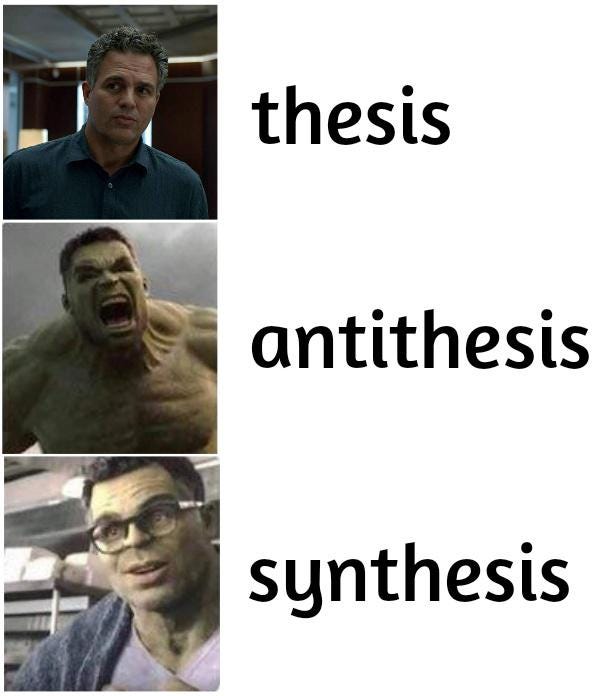 Hegelian dialectic in a nutshell : r/PhilosophyMemes