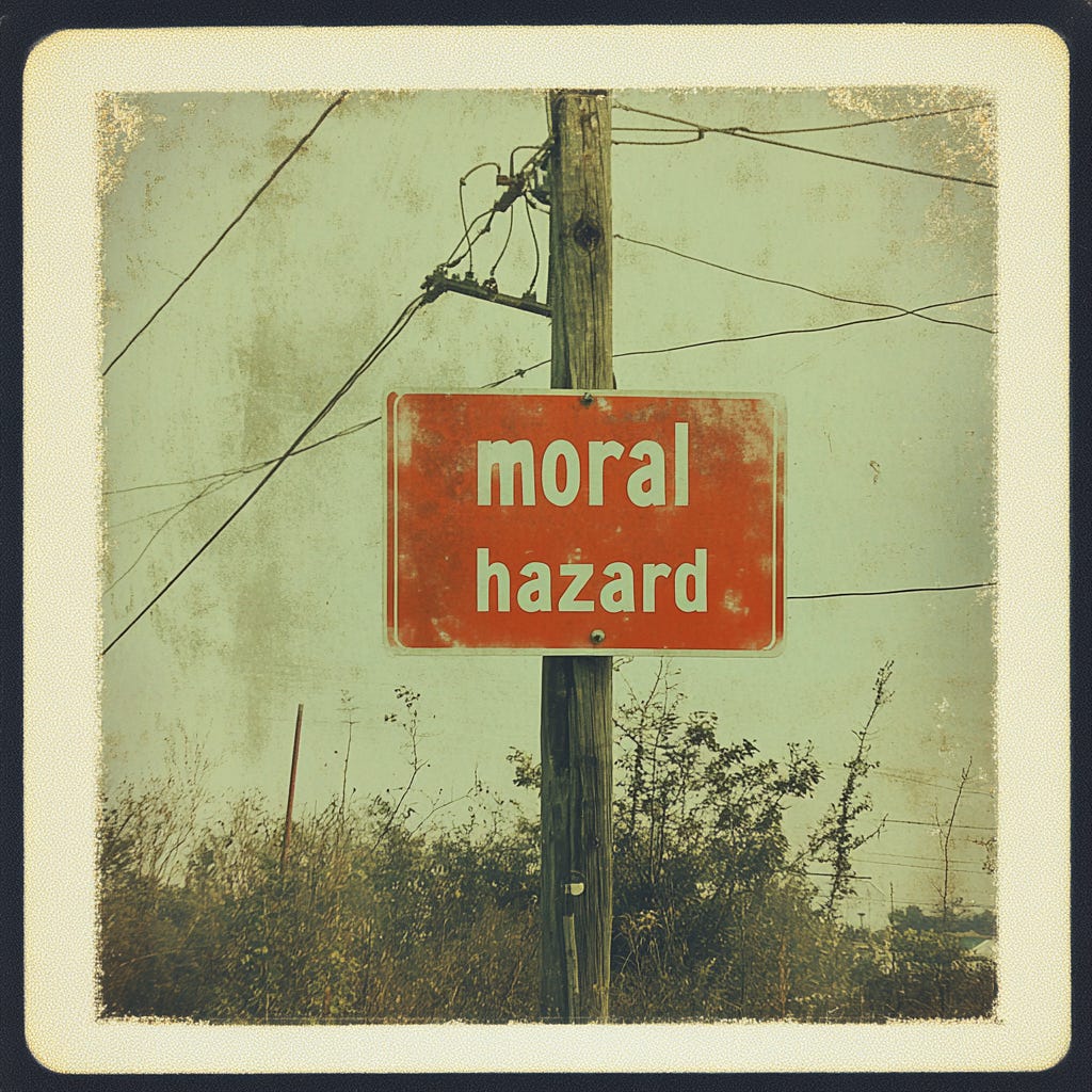 image of a sign that says "moral hazard" on an electrical pole, grainy 1970s image