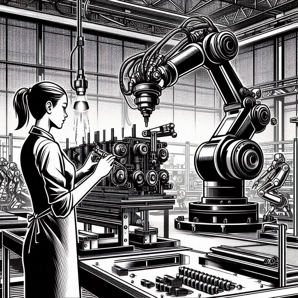 Create a black and white comic book cover style poster that shows a hi-tech manufacturing floor where female human engineer operates a complex robotic arm to assemble a large metal machine.