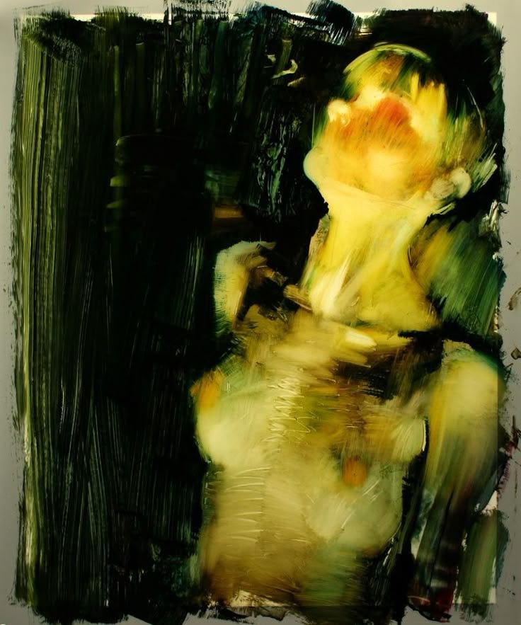This may contain: an abstract painting of a woman in green and yellow